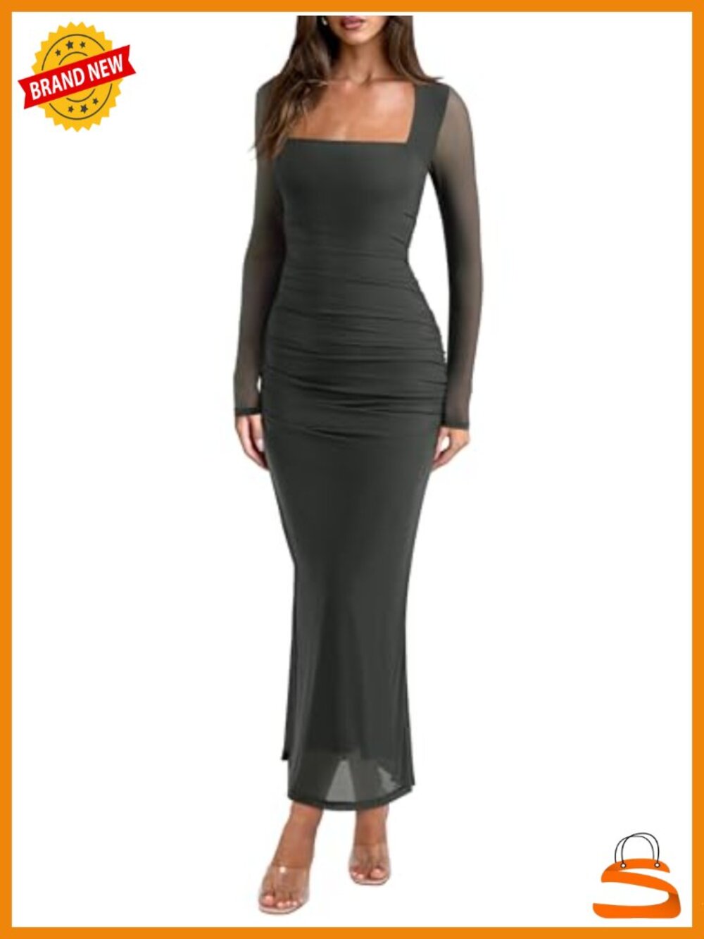 Women's Long Sleeve Square Neck Maxi Dress Mesh Sheer Wedding Guest